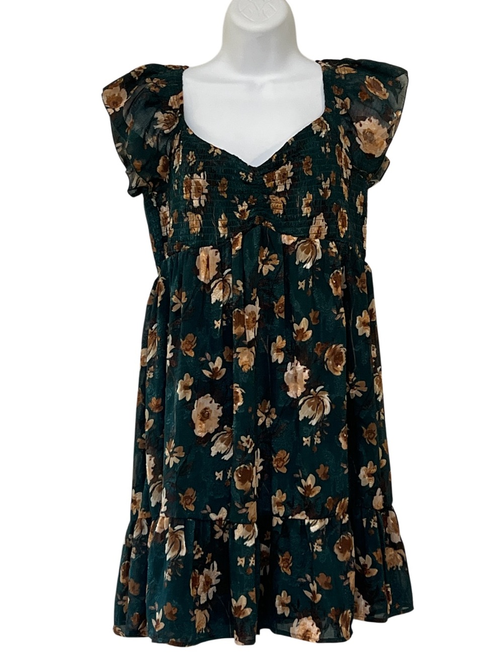 Thirty Thirty LA Floral Babydoll Mini Dress Smocked Ruffle Cap Sleeve XL